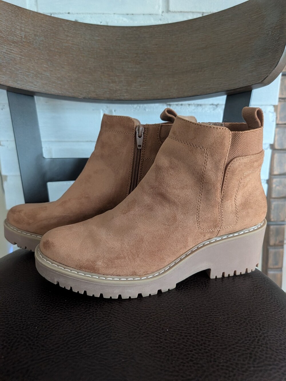 Cliffs Women's Suede Ankle Bootie in Camel - Comfortable Platform Chelsea